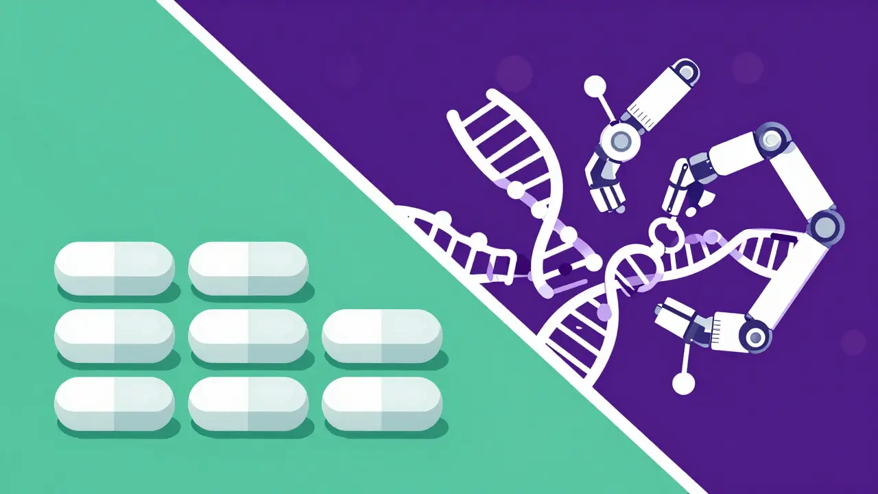 Illustration contrasting simple pills with complex biological molecules and robotics.