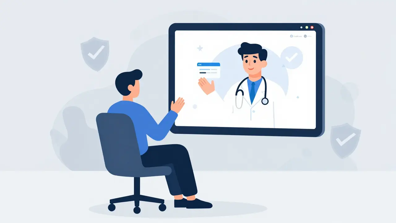 Illustration of a patient having a safe video consultation with a doctor for an online prescription, depicted in bold graphic style.