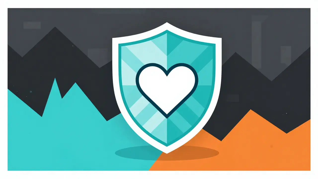 Shield protecting heart from abstract risk symbols