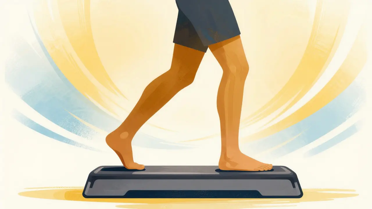 Silhouette performing heel drop exercise for tendon rehabilitation