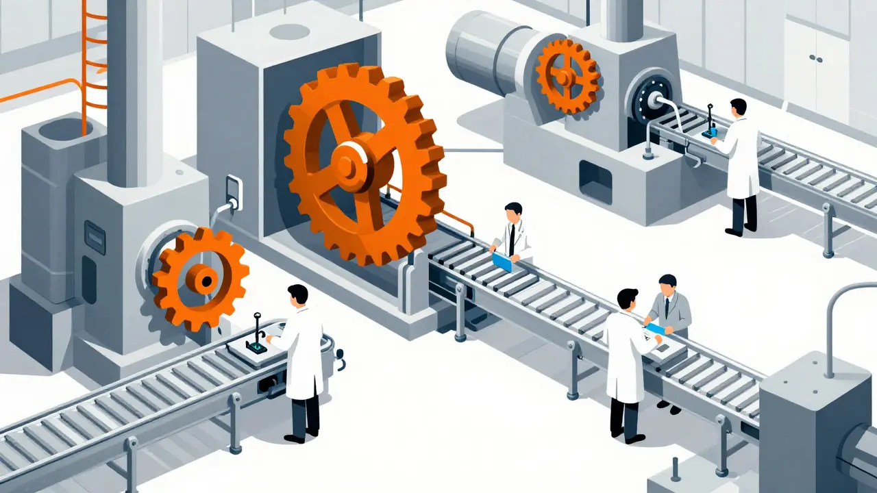 Stylized factory inspection scene highlighting strict manufacturing standards