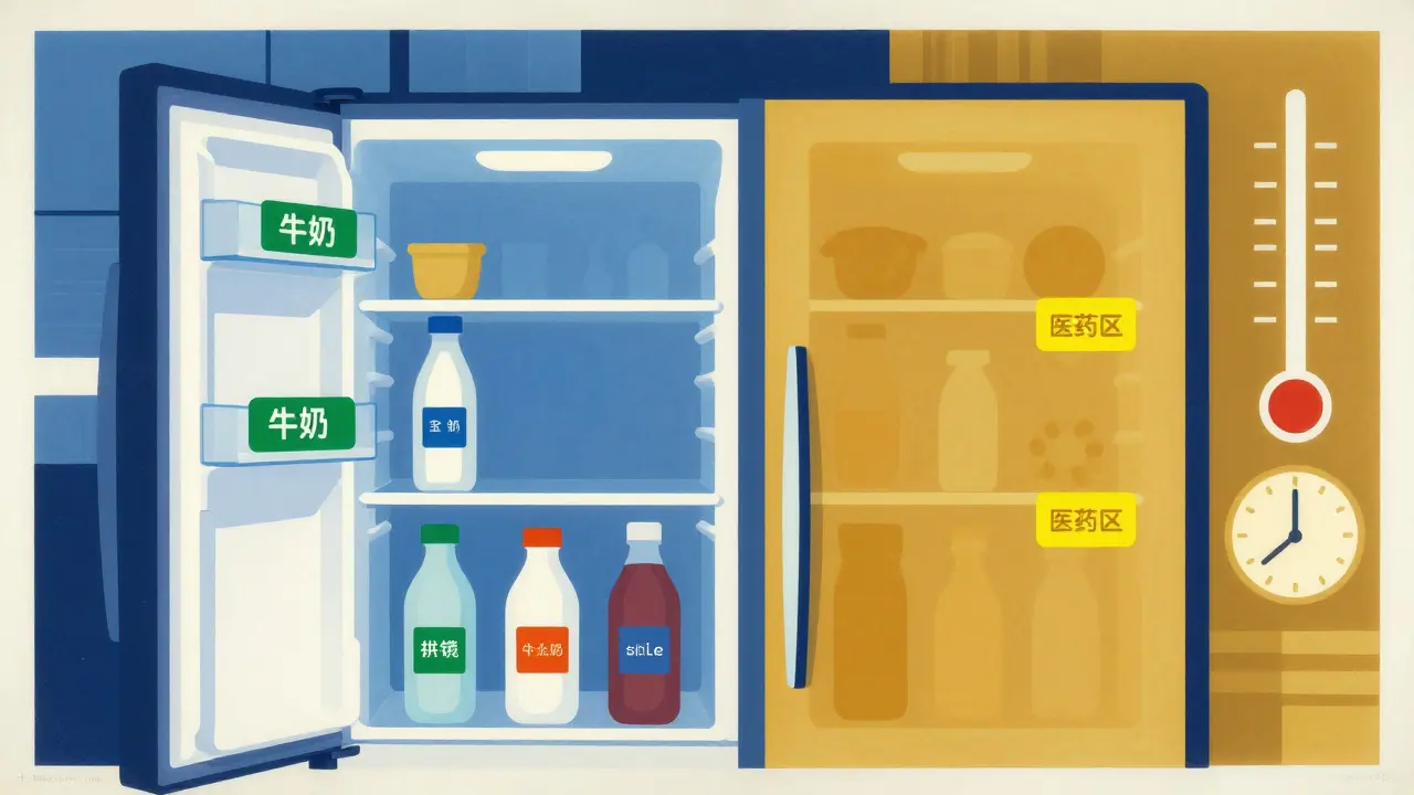 Stylized fridge with color-coded milk zones for medication safety