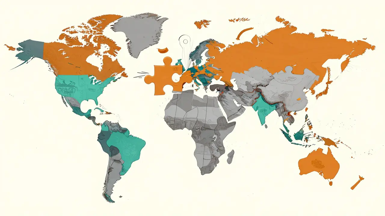 Symbolic poster of a world map puzzle shifting, depicting supply chain diversification.