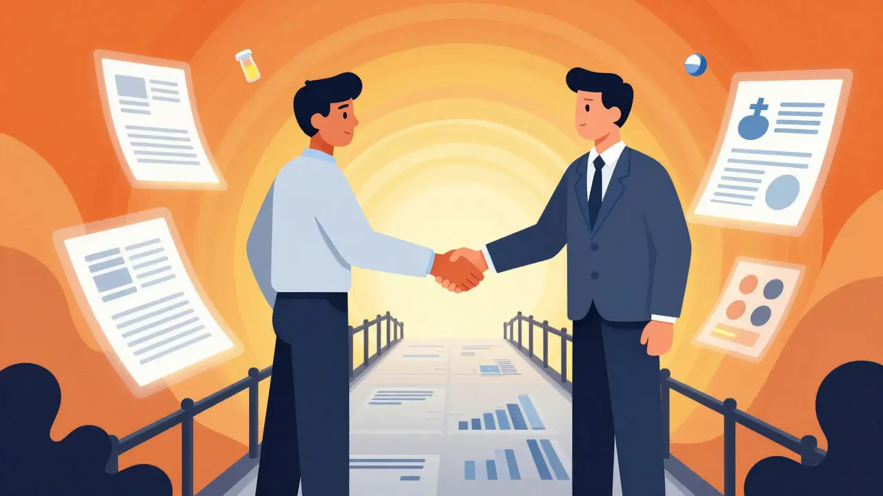 Two figures shake hands over a bridge of glowing documents