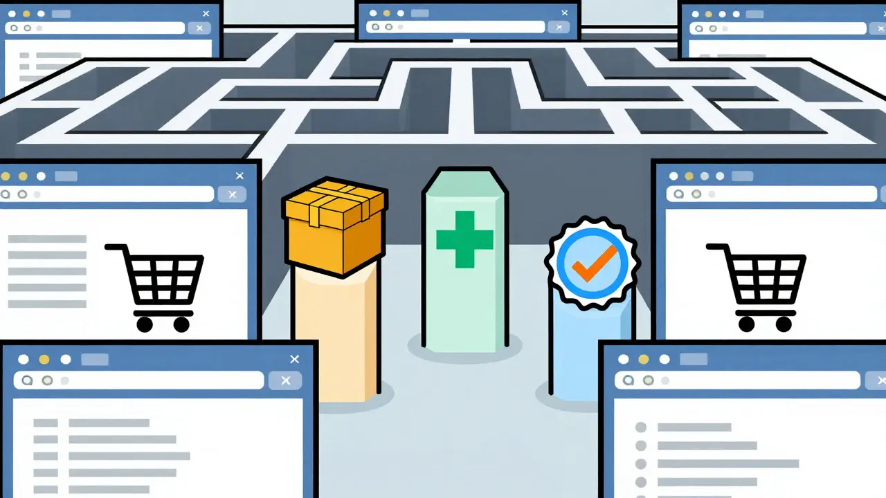Abstract maze of online pharmacies leading to safety