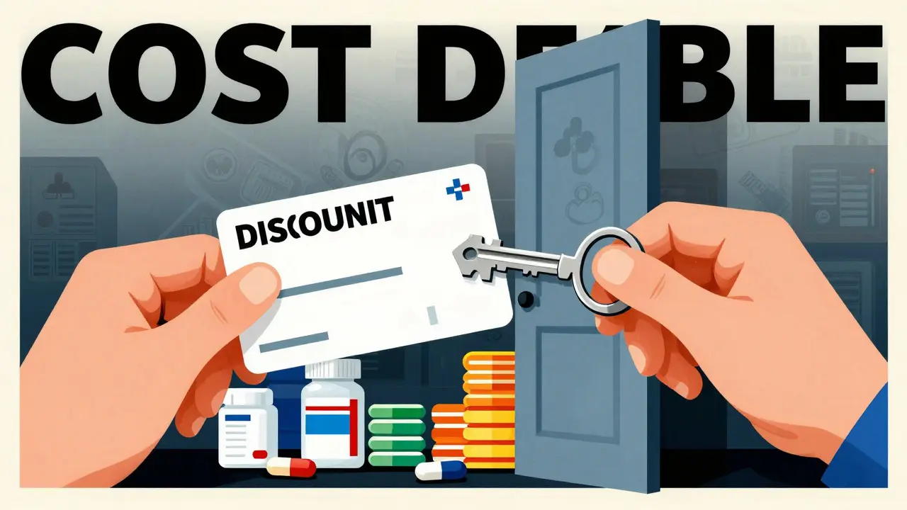 Art depicting discount cards unlocking affordable generic medication