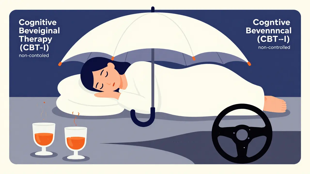 Artistic depiction of peaceful sleep protected by therapy, pushing away risks.