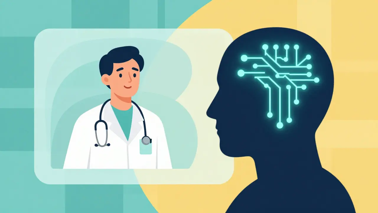 Artistic depiction of telehealth doctor consultation for prescription