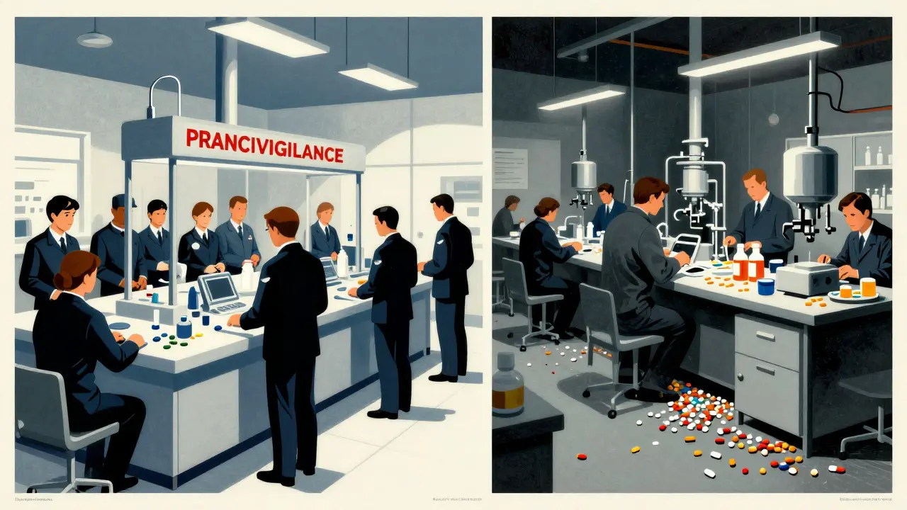 Contrast between well-resourced brand-name drug safety systems and under-resourced generic monitoring, shown through symbolic industrial imagery.