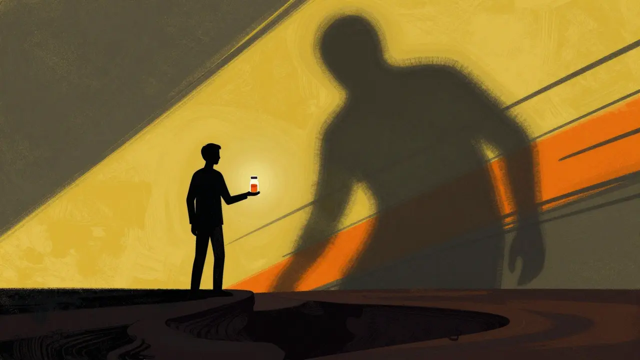 Figure standing near an abyss with a shadowy double, illustrating the danger of lost opioid tolerance.
