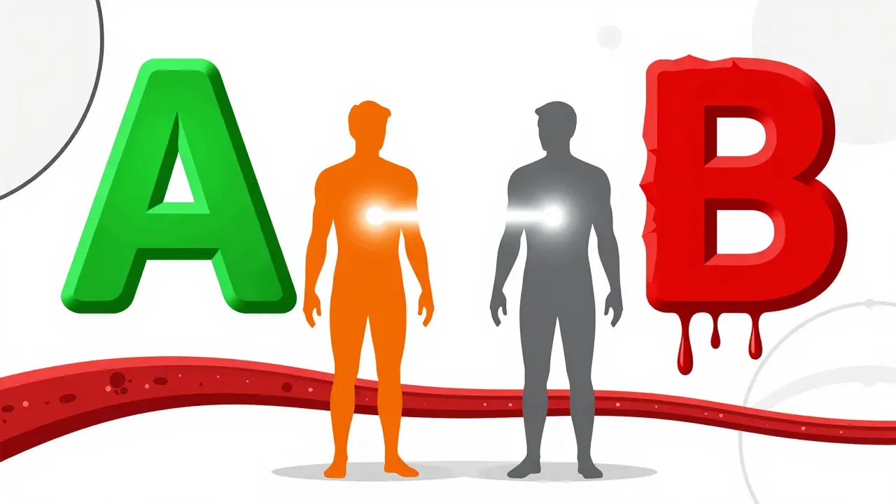 Graphic art showing two figures connected by light, surrounded by large A and B letters