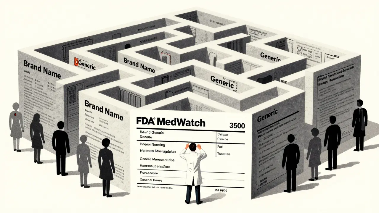 Graphic depiction of the complex MedWatch reporting process, highlighting the difficulty in tracing generic drug manufacturers.