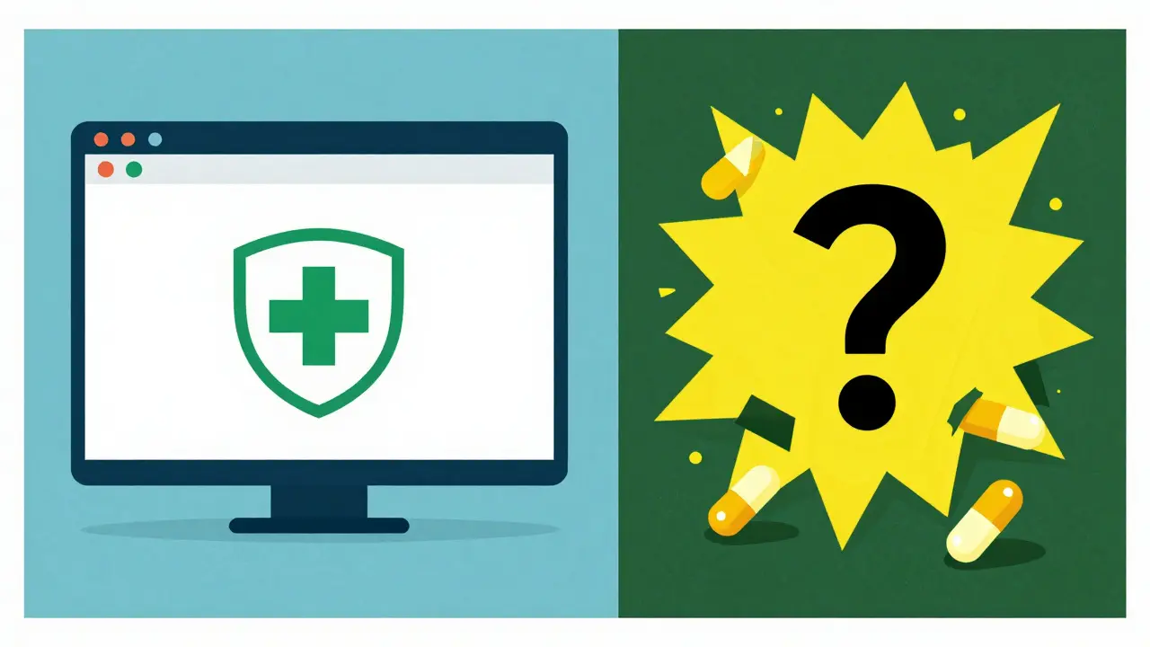 Graphic illustration contrasting safe telehealth pharmacy with chaotic rogue sites.