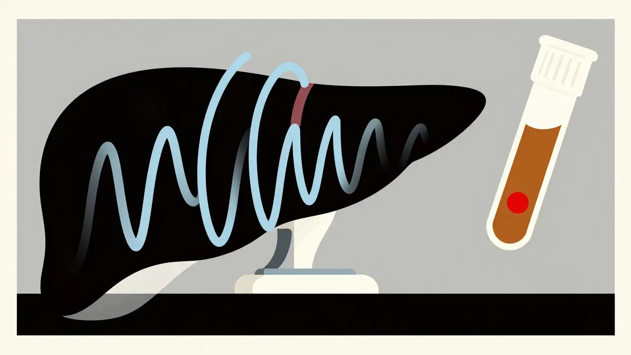 Graphic illustration of ultrasound waves and a blood test tube scanning a liver