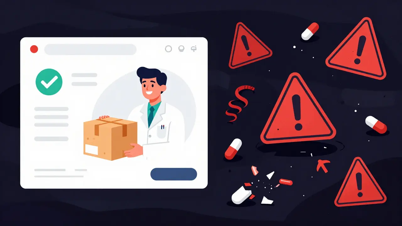 Graphic showing safe telehealth vs dangerous illegal online pharmacies