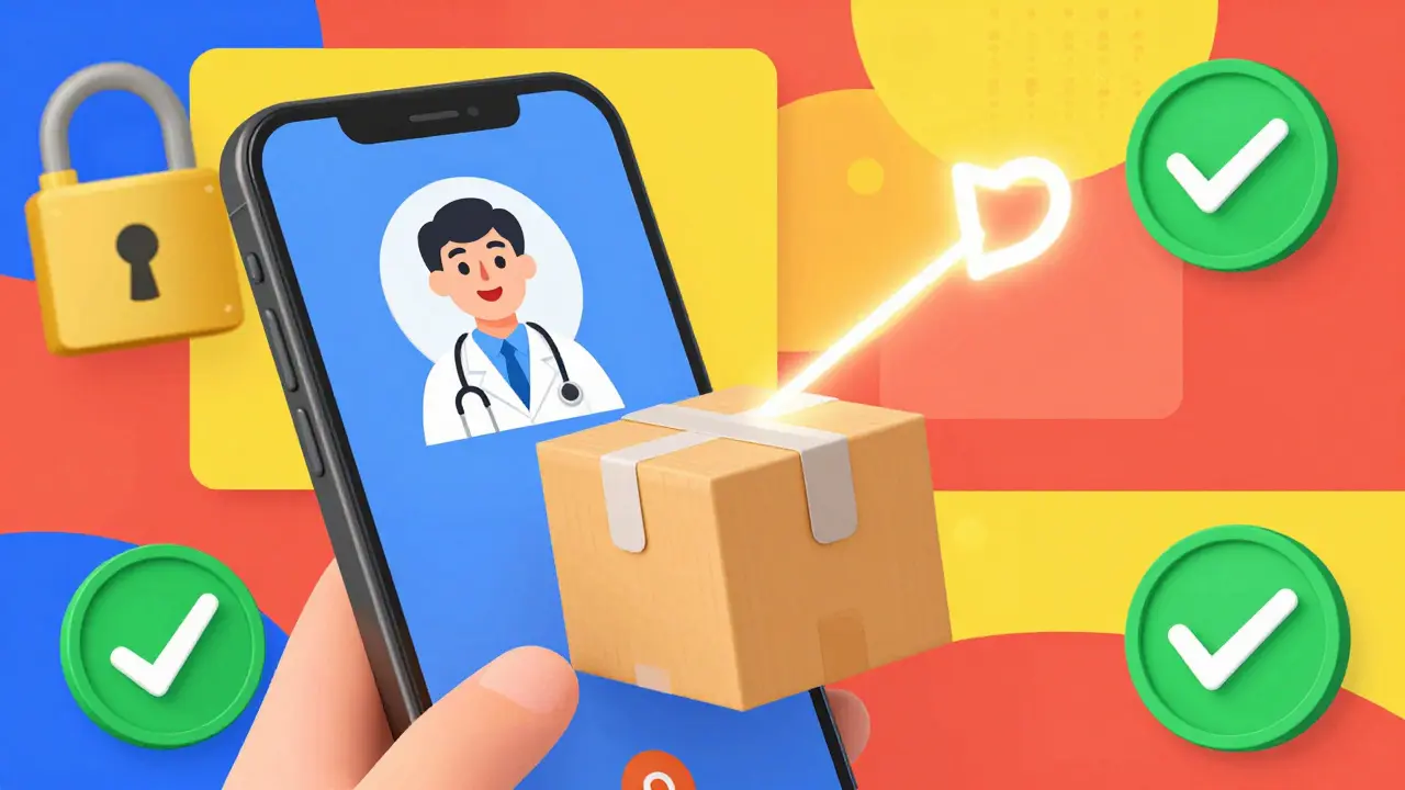 Illustration of telehealth consultation and medication delivery