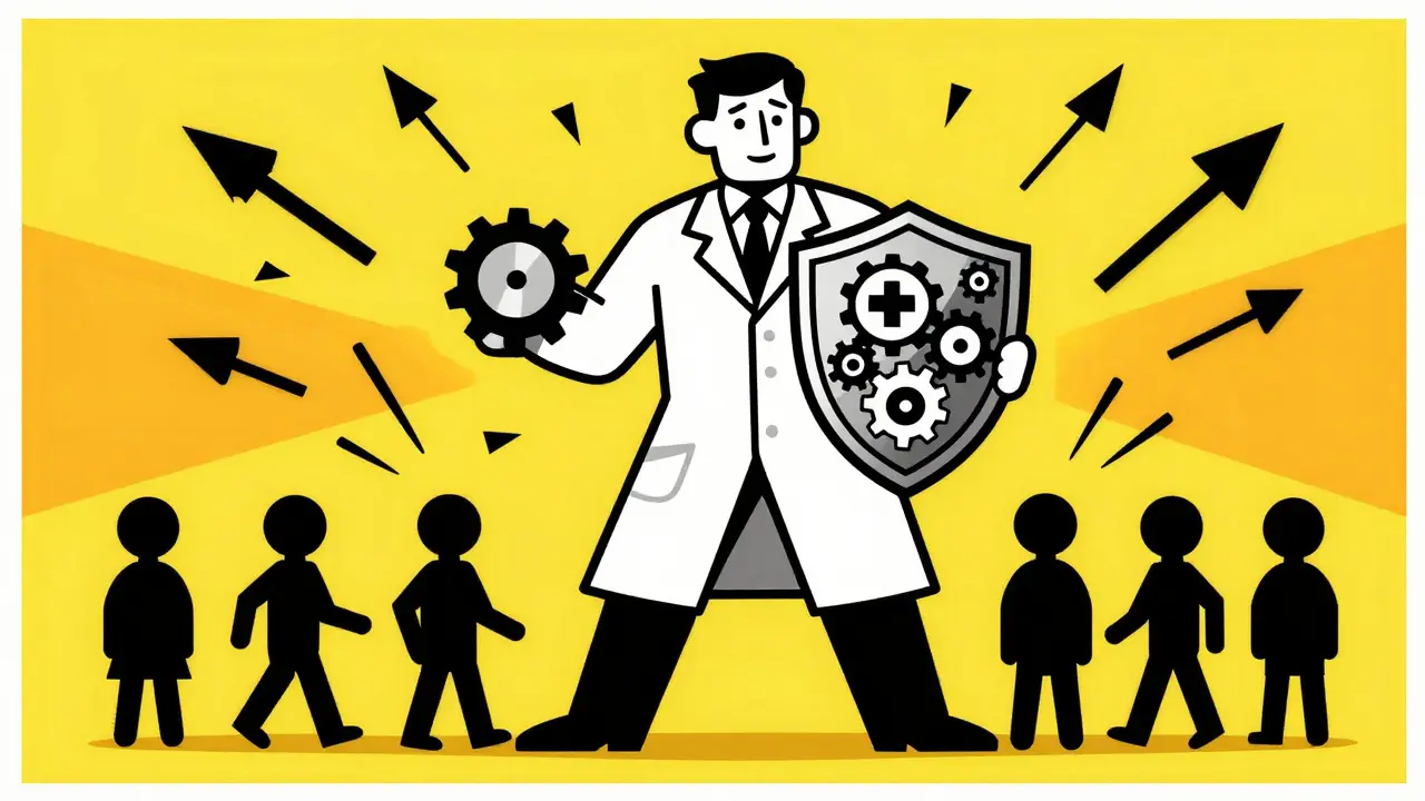Pharmacist shielding patients from medical errors in bold art