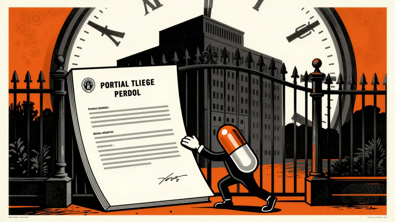 Poster-style art of a small pill pushing against a large patent gate with a clock
