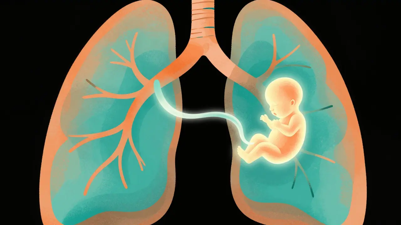 Stylized lungs with oxygen ribbons connecting to fetus