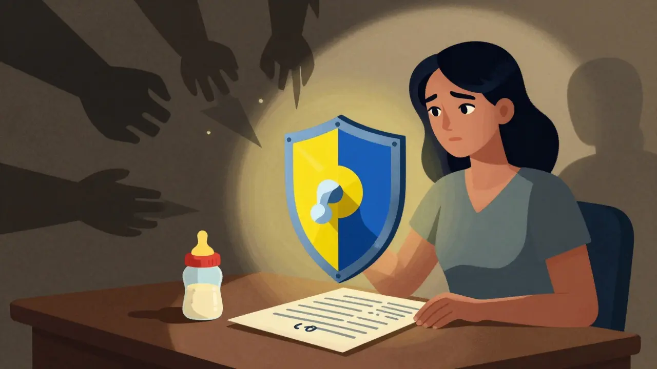 Woman protected by geometric shield representing action plan