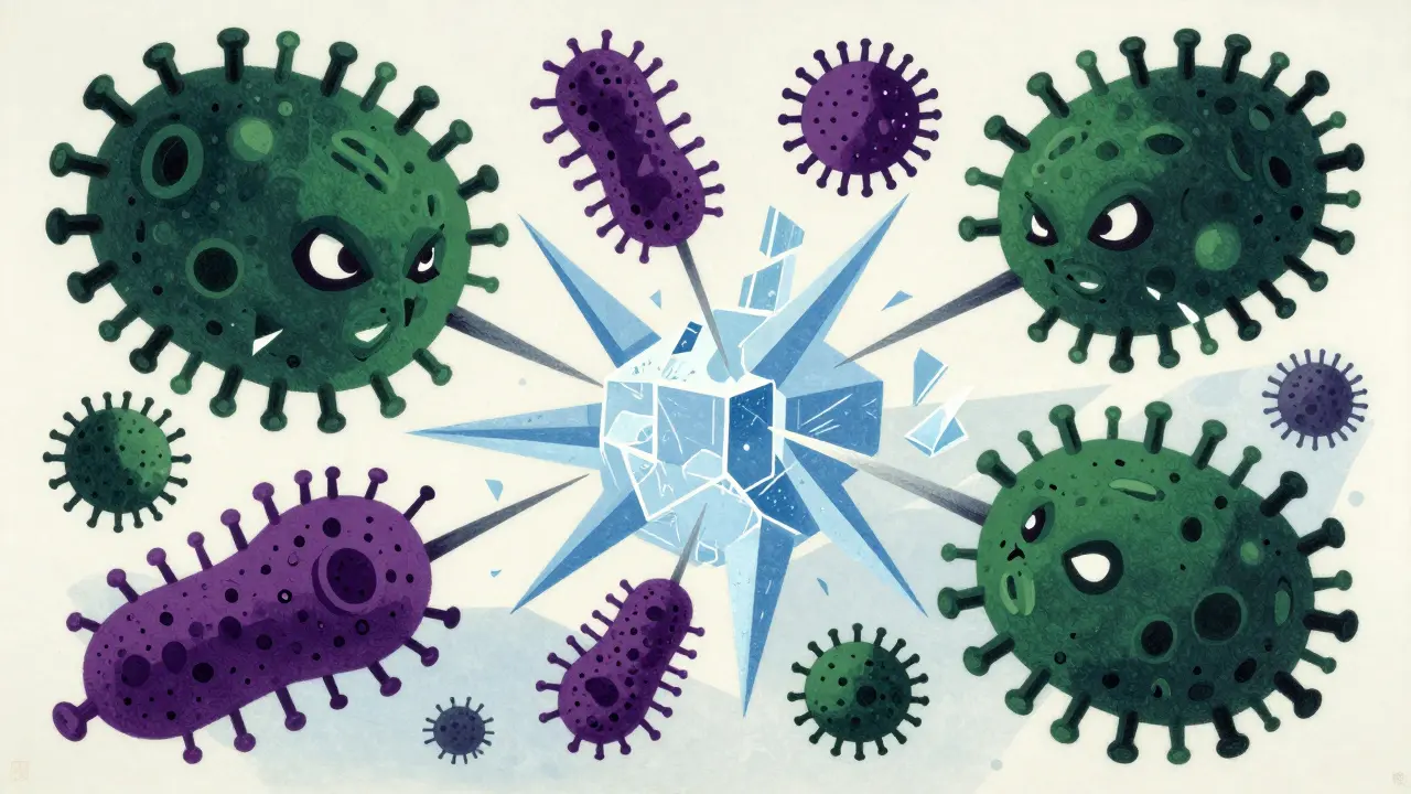 Abstract battle between bacteria and antibiotic forces