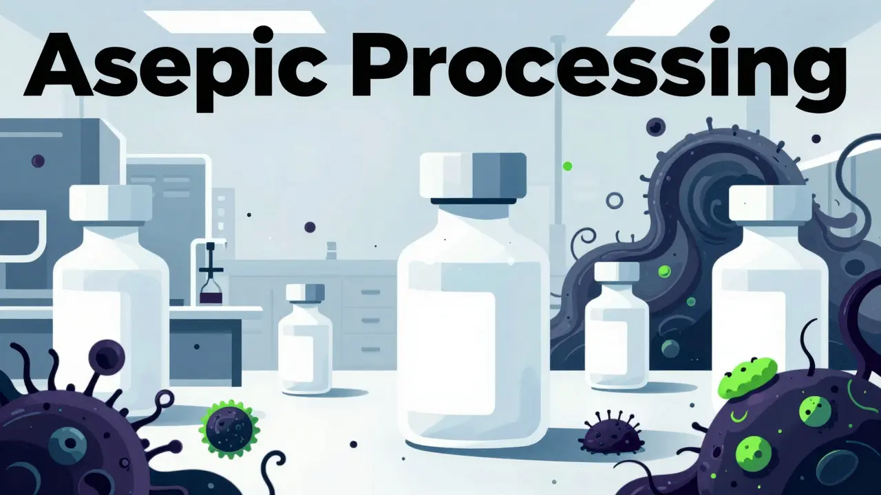 Abstract illustration of sterile vials threatened by dark contamination swirls