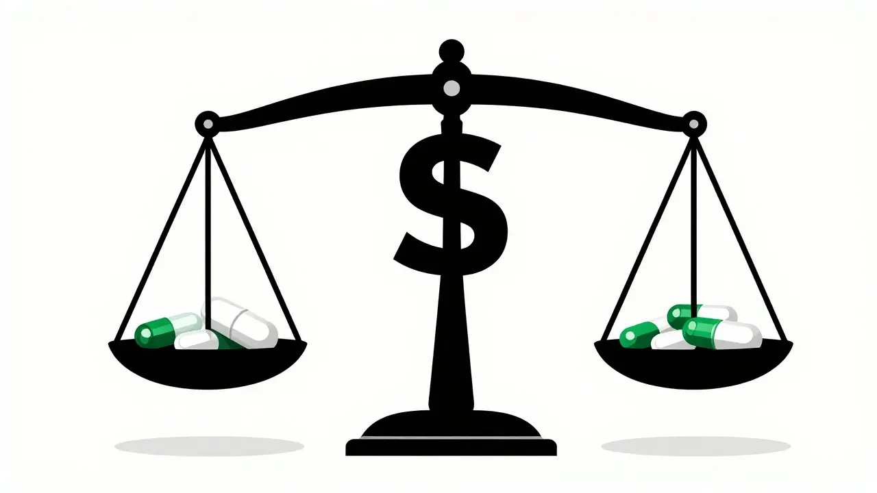 Balance scale comparing generic vs brand costs, highlighting financial savings.
