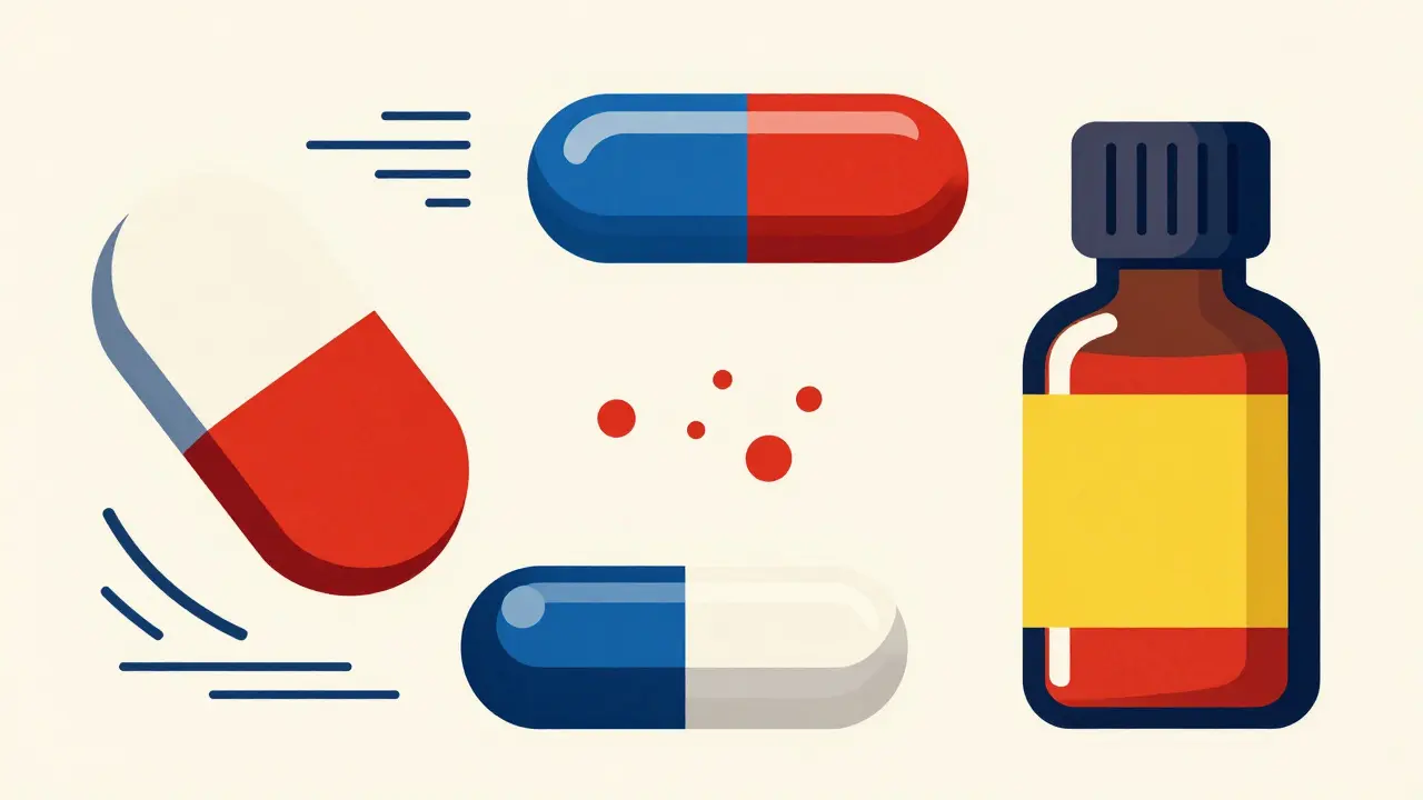 Bold illustration of tablet, capsule, and liquid medicine forms