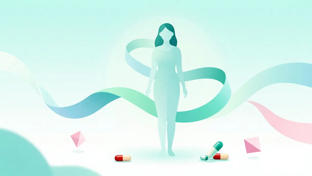 Calm figure surrounded by soothing colors and floating medicine shapes, symbolizing recovery.