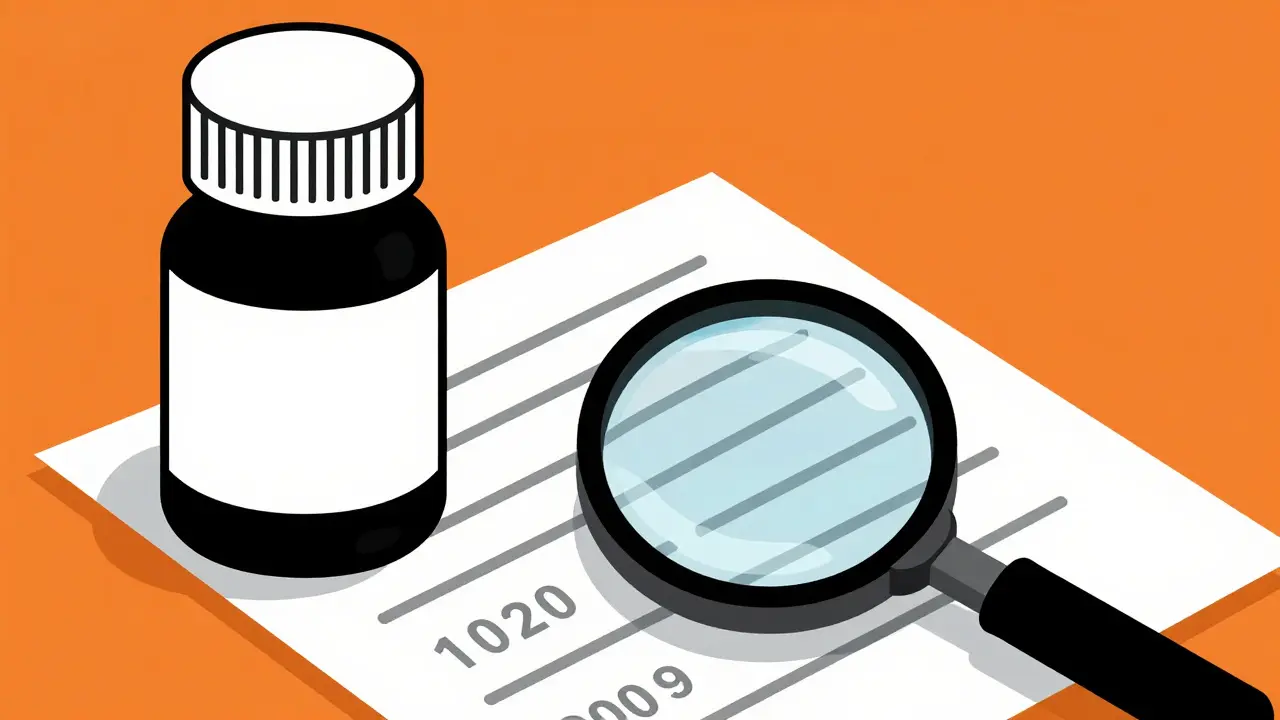 Close-up of pill bottle and document with magnifying glass