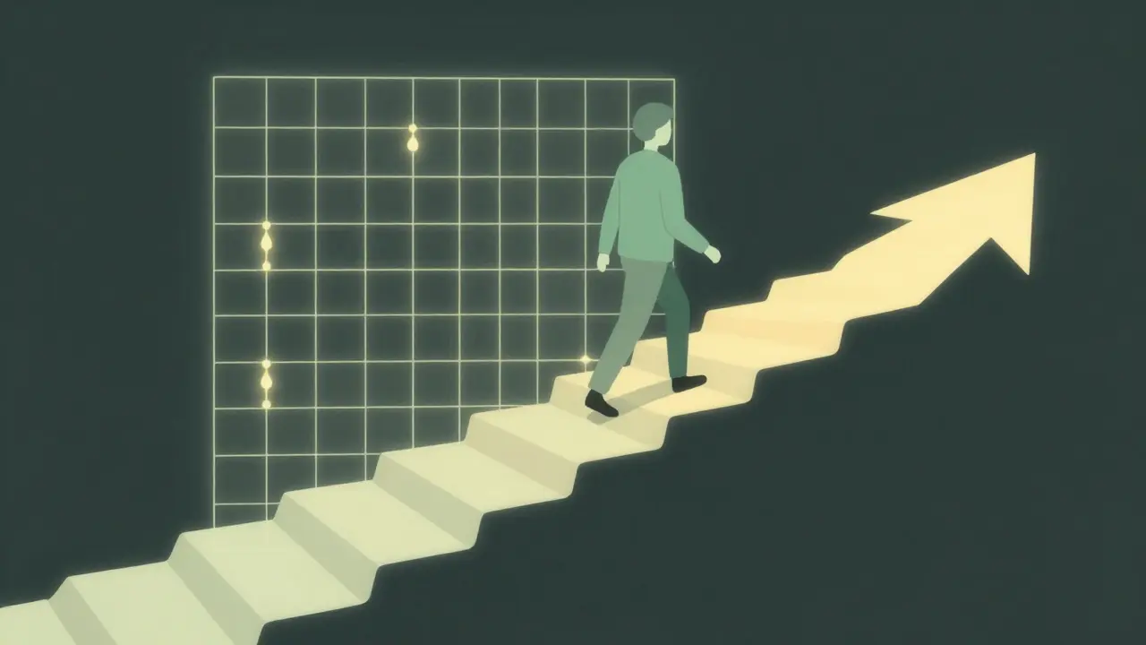 Figure walking safely up structured steps representing medication titration