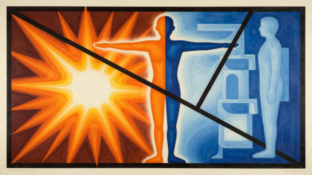 Graphic illustration contrasting fiery fat-burning energy with cool metabolic balance using bold colors.