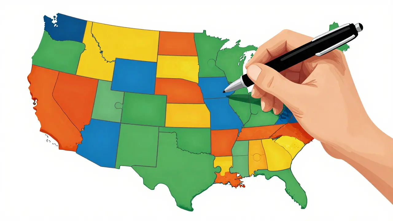 Graphic puzzle map of US states representing pharmacy laws