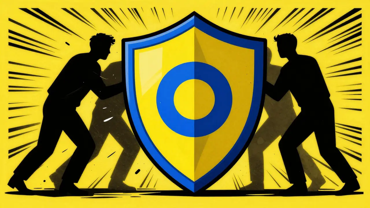 Graphic shield protecting against shadowy counterfeit drug sellers