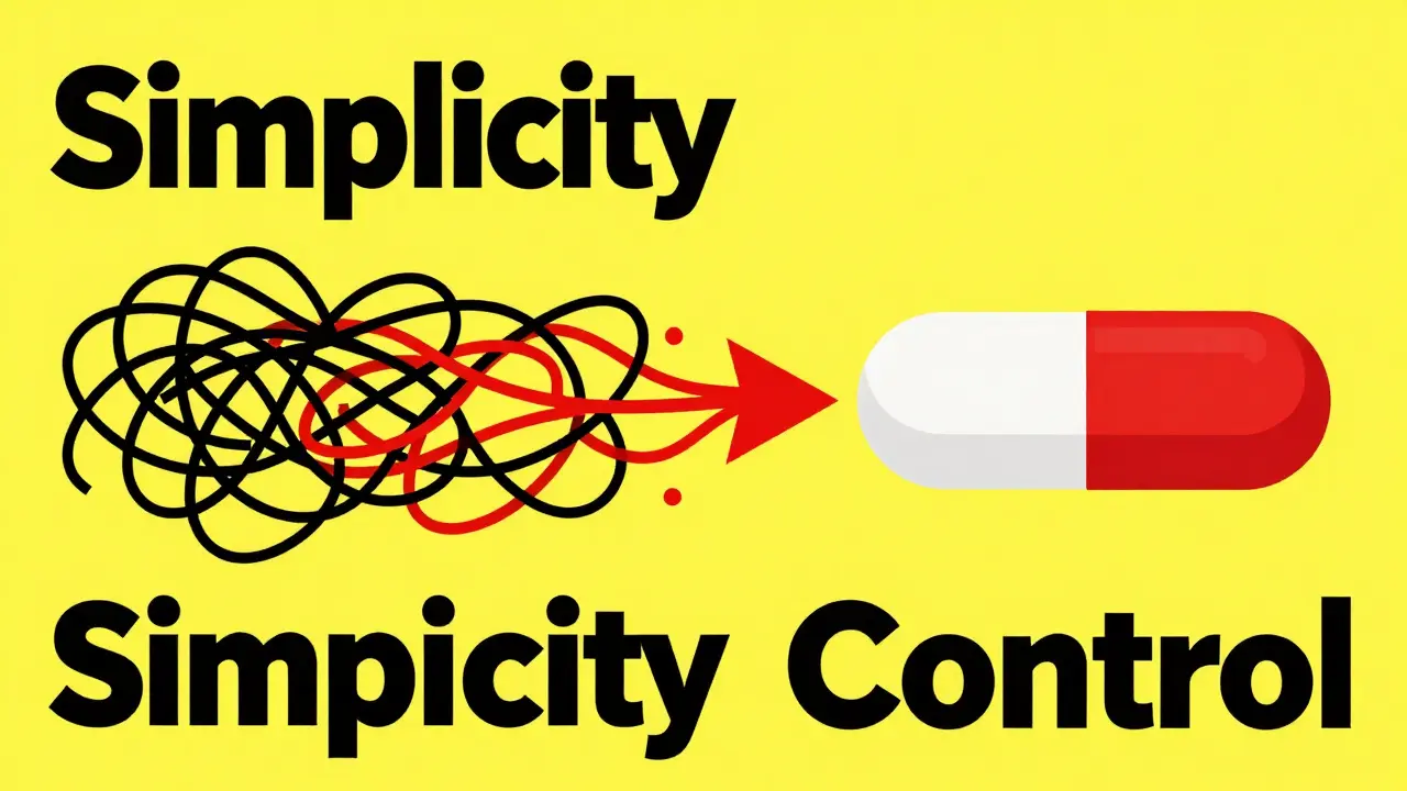 Graphic showing multiple pills consolidating into one, representing improved adherence.