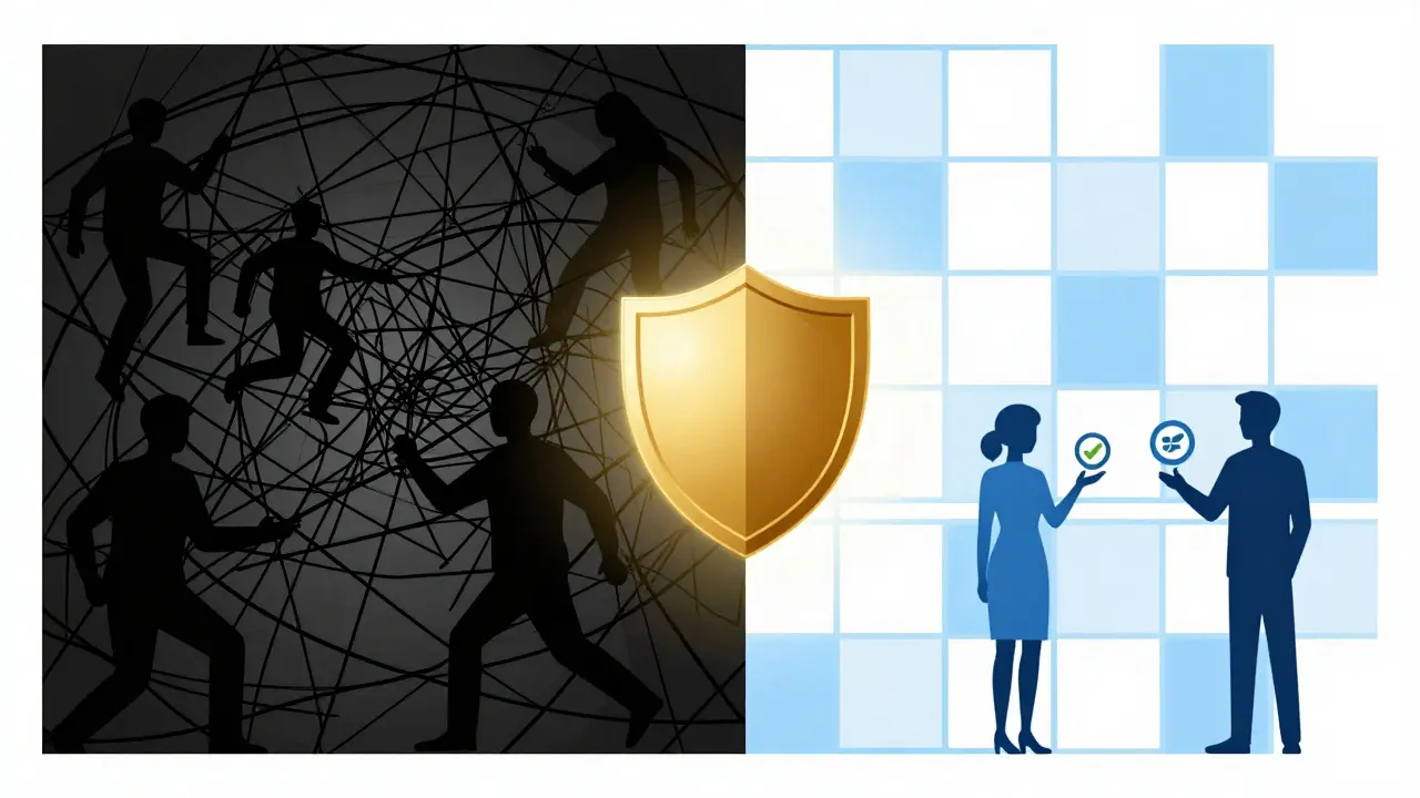 Graphic split showing scam webs vs safe pharmacy grids with a shield