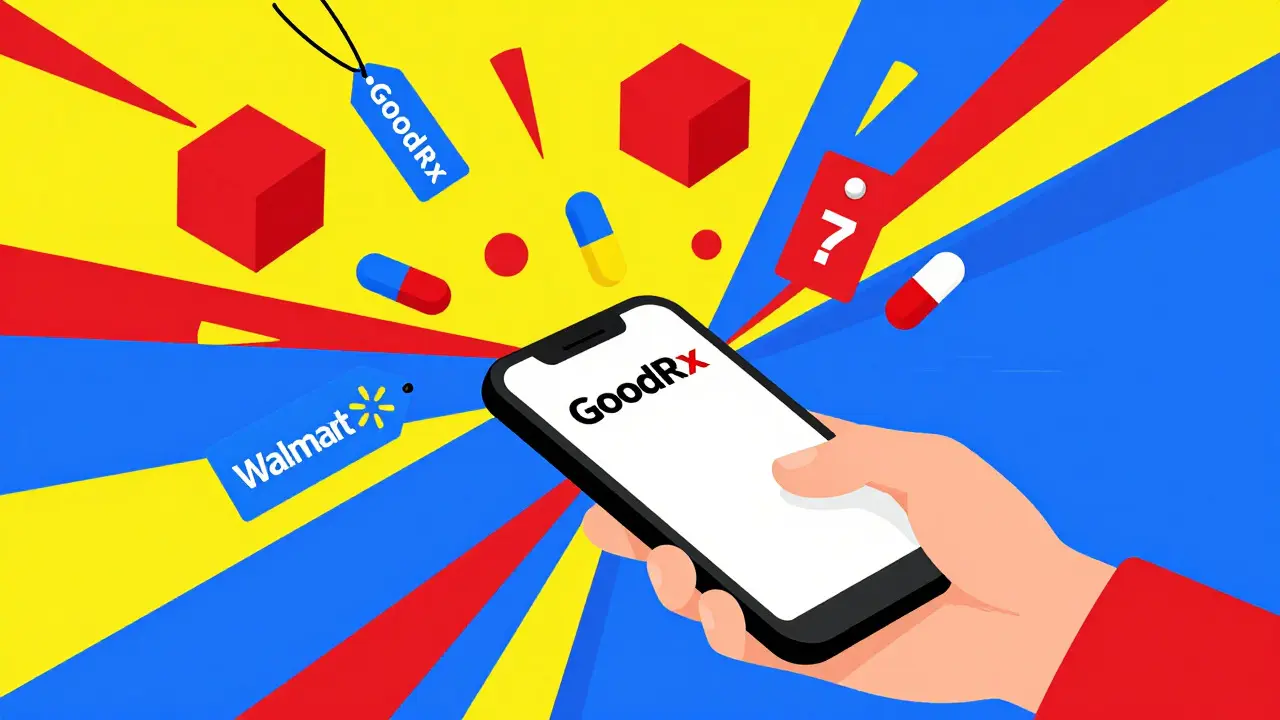 Hand holding phone with floating retail symbols