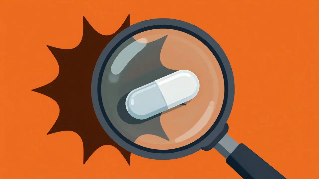 Magnifying glass inspecting a pill against dark shapes