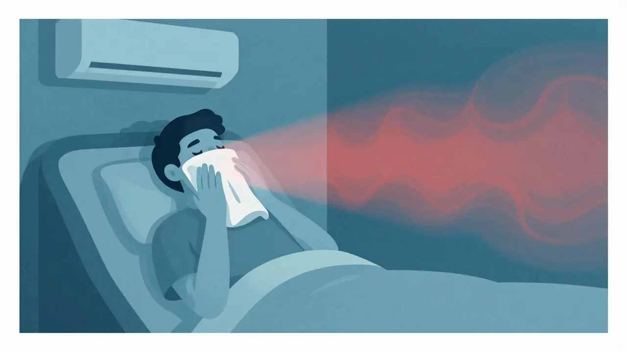 Person using cooling towel in calm blue-toned environment