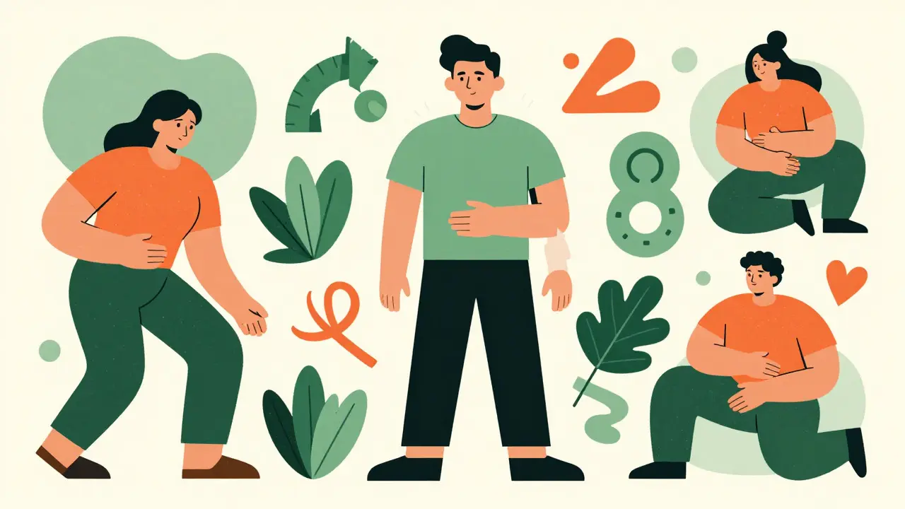 Poster art of a confident figure surrounded by abstract shapes representing fasting challenges and resilience.