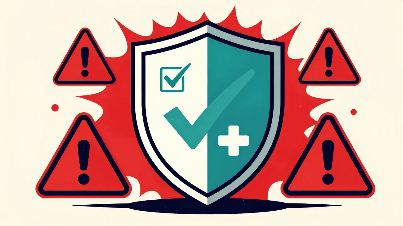 Shield protecting patient from counterfeit drug warning signs