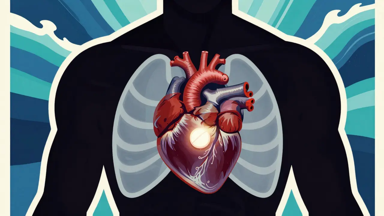 Silhouette with a healthy heart powered by a polypill, depicting health benefits.