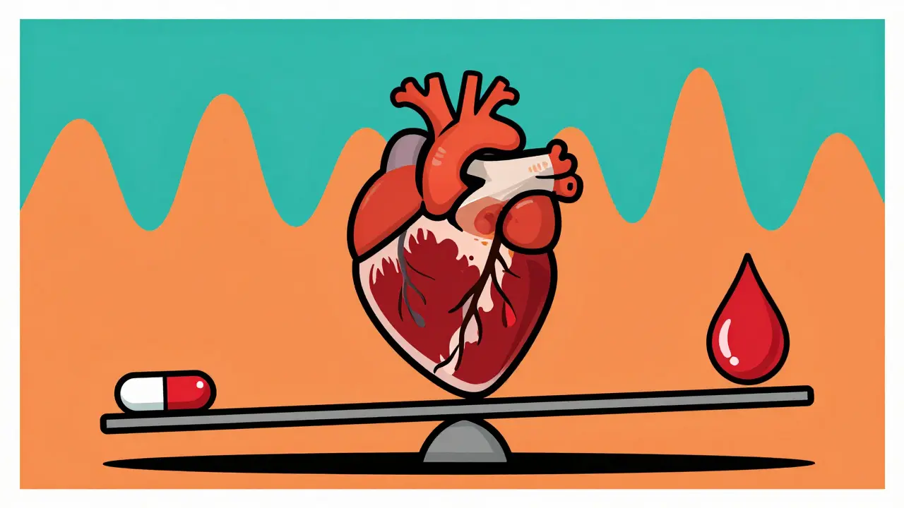 Stylized heart balanced on a scale with a pill and blood drop