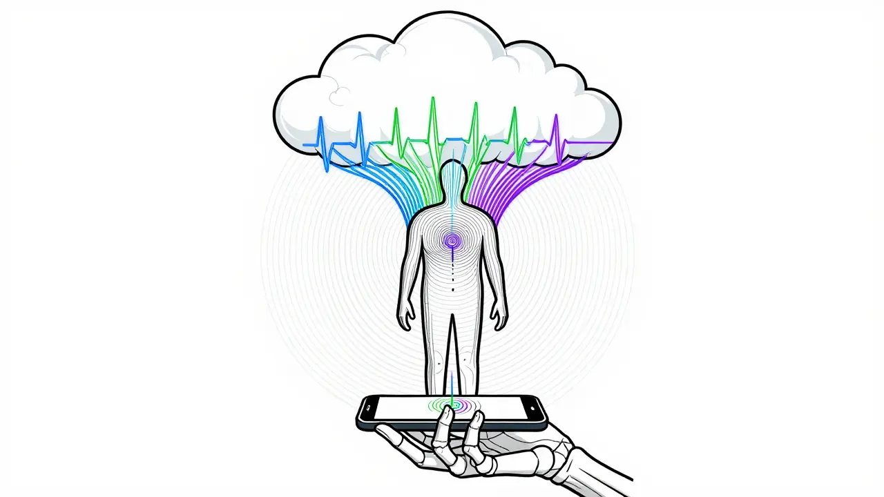 Abstract poster art showing data streams flowing from a patient to a cloud