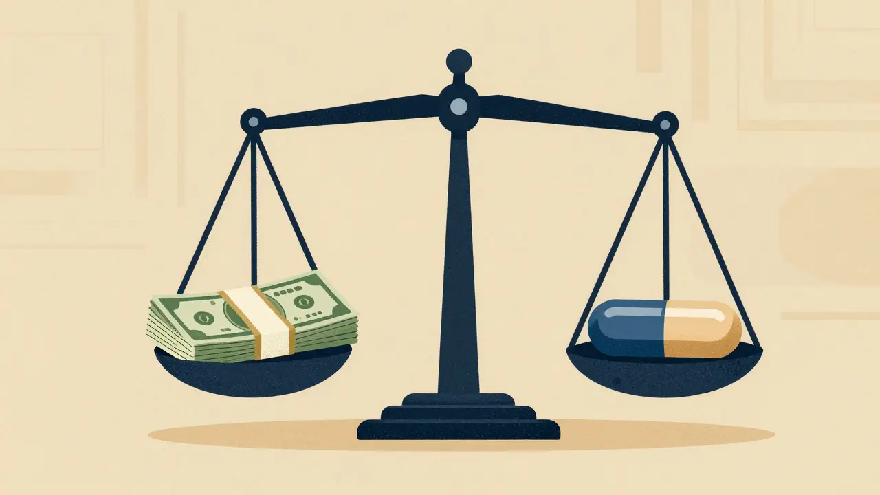 Balance scale showing equal weight of money and generic medication
