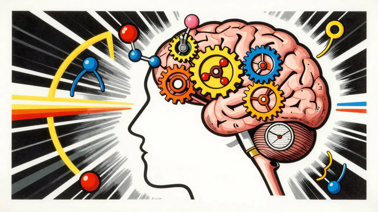 Brain thermostat disrupted by medicine chemicals, graphic illustration