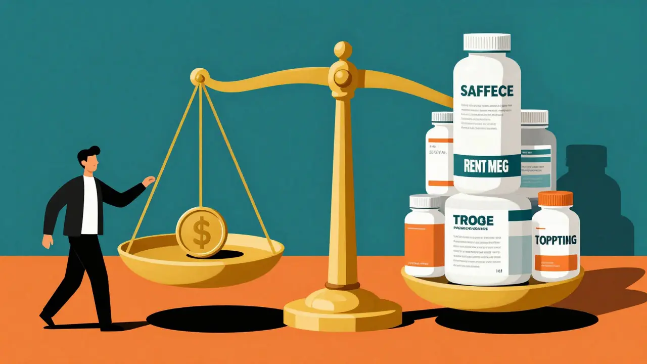 Golden scale balancing coins against supplement bottles