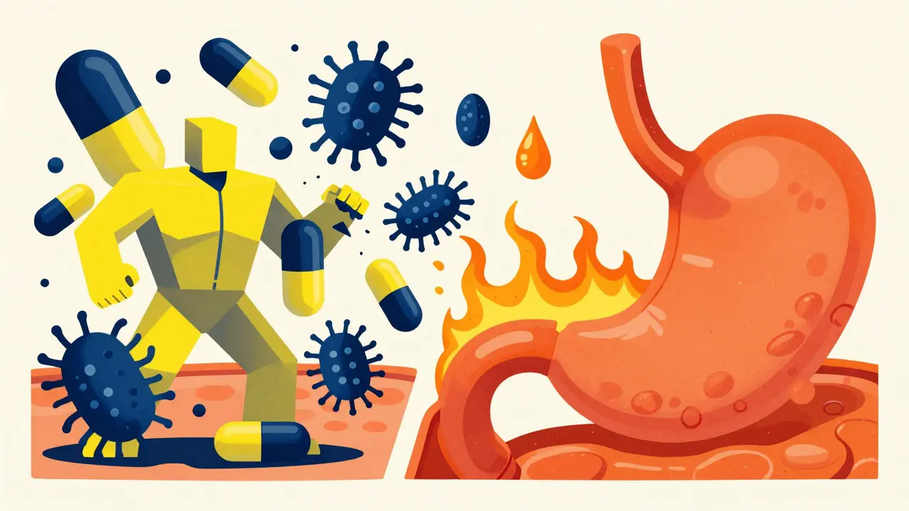 Graphic showing antibiotics and PPIs fighting ulcers and acid
