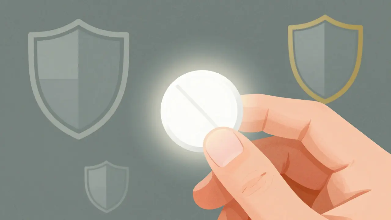 Hand holding glowing tablet with abstract safety shields