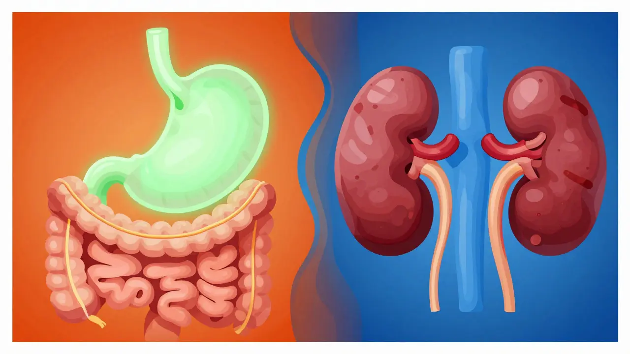 Illustration contrasting a healthy stomach with strained kidneys using abstract flows